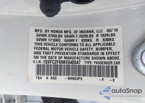 2019 Honda Civic Lx from USA, damaged, VIN 19XFC2F69KE040547